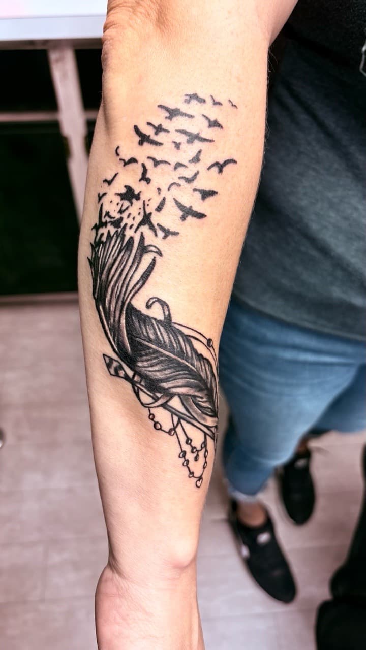 Black & Grey + Fine Line feather tattoo on Forearm by Taking_Art_2_The_Streets on TattMe