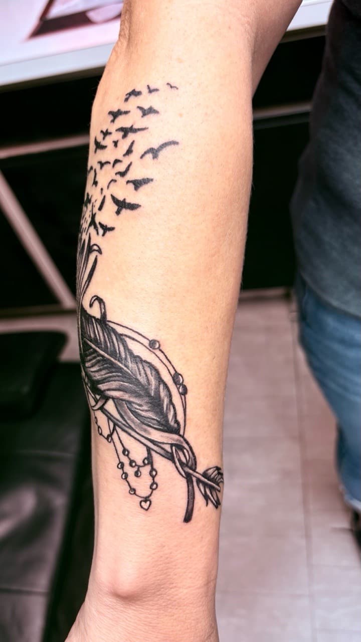 Black & Grey + Fine Line feather tattoo on Forearm by Taking_Art_2_The_Streets on TattMe