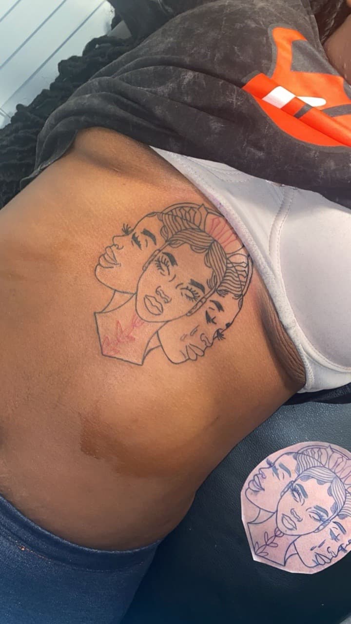 Fine Line + Illustrative faces tattoo on Ribs by grind2hardxtattoos on TattMe