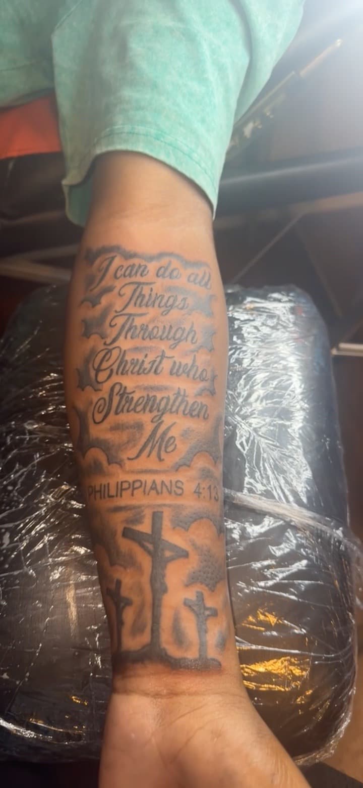Lettering + Script scripture tattoo on Forearm by grind2hardxtattoos on TattMe