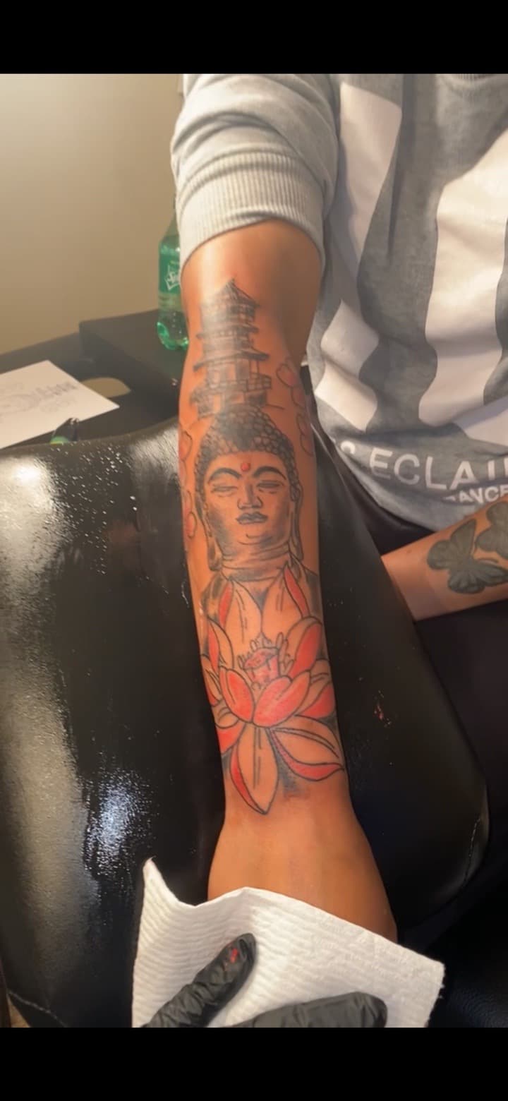 Illustrative + Japanese buddha tattoo on Forearm by grind2hardxtattoos on TattMe