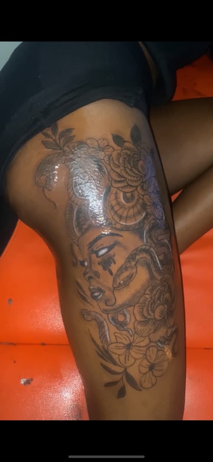 Line-work + Floral medusa tattoo on Thigh by grind2hardxtattoos on TattMe