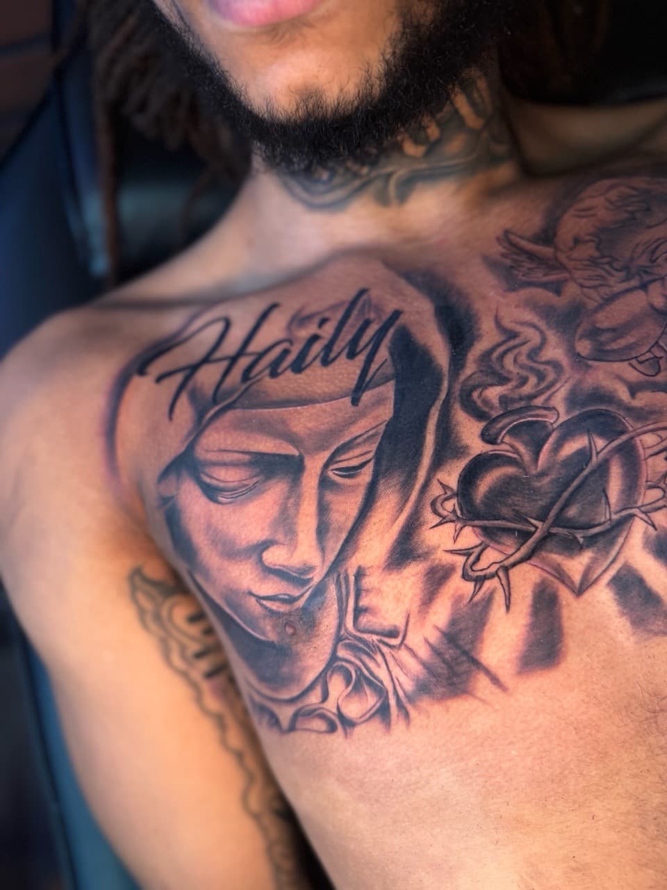 Black & Grey + Realism virgin mary tattoo on Chest by InkdByHendrixx on TattMe