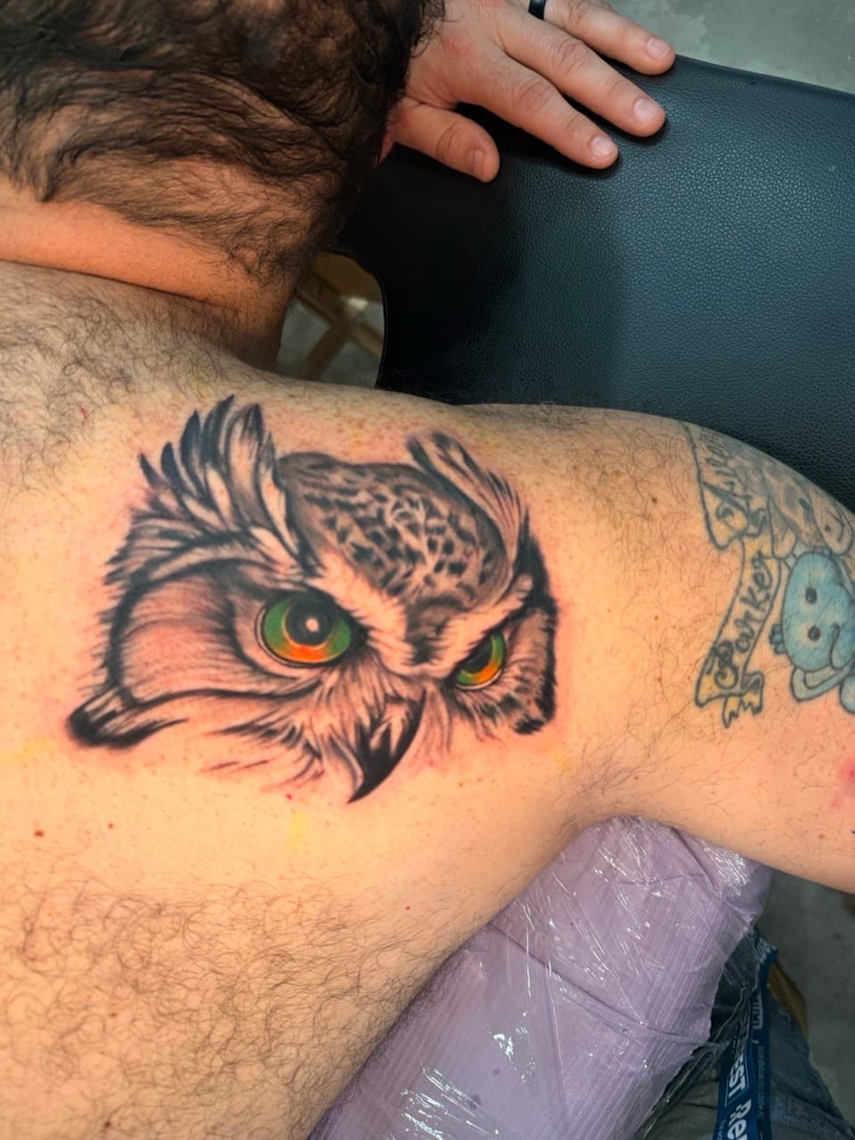 Realism + Black & Grey owl tattoo on Shoulder Blade by InkdByHendrixx on TattMe