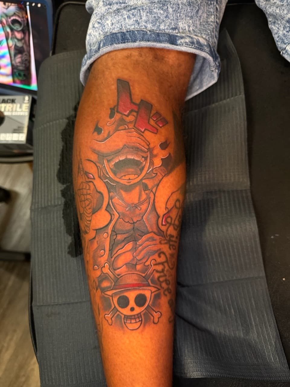 Anime + Black & Grey luffy tattoo on Calf by InkdByHendrixx on TattMe