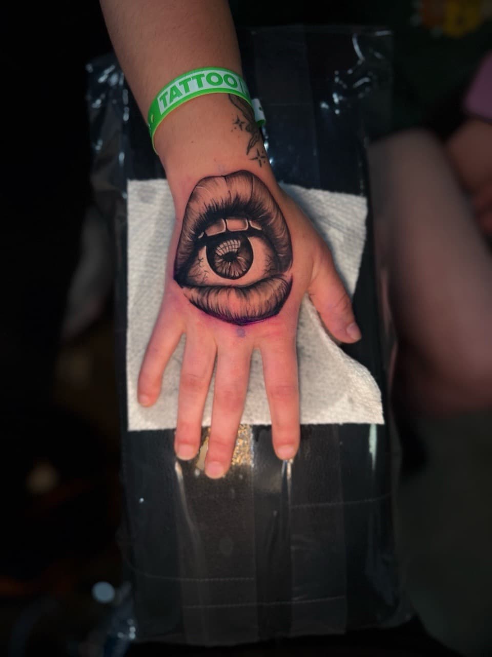 Black & Grey + Realism mouth tattoo on Hand by InkdByHendrixx on TattMe