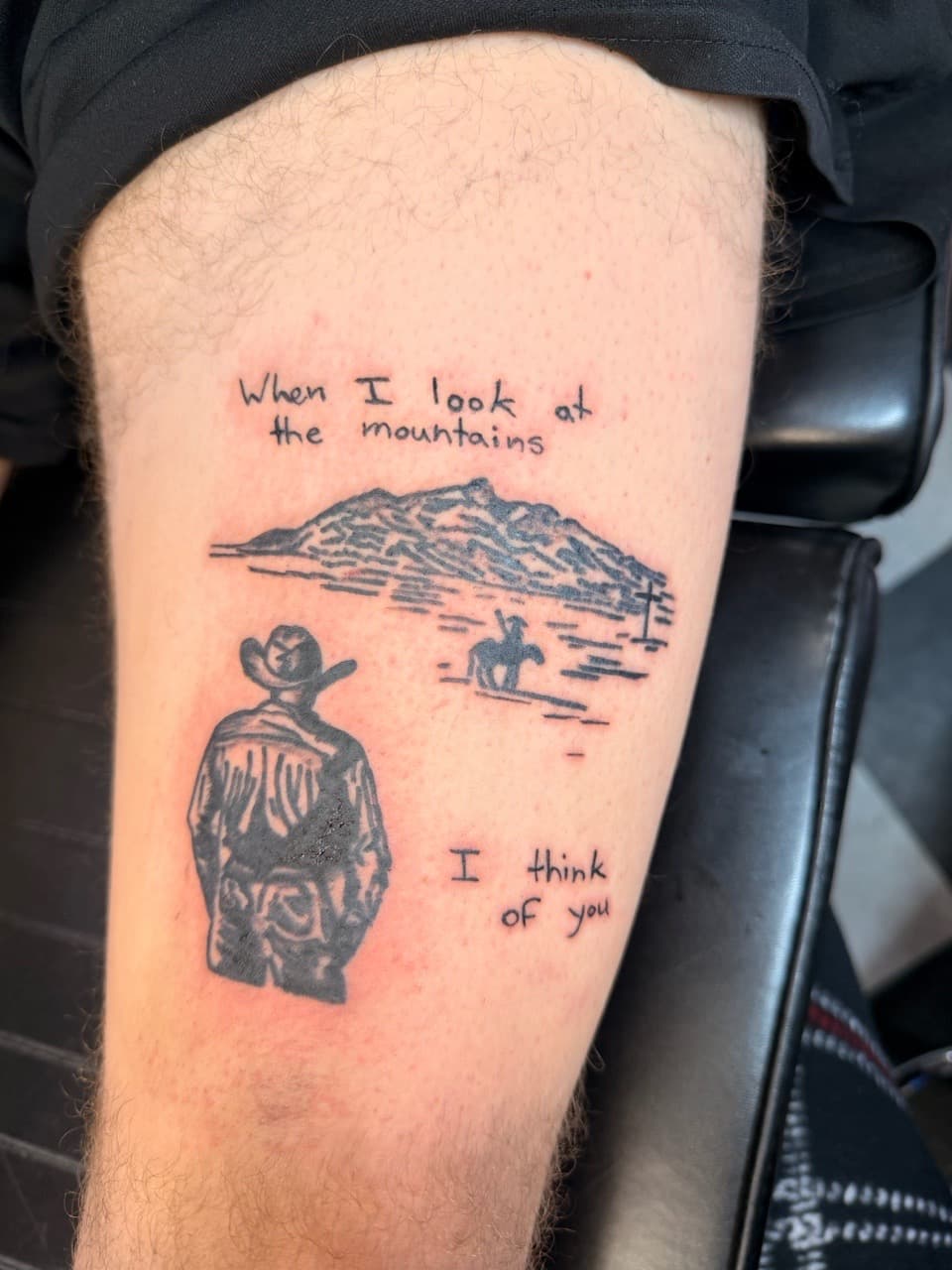Fine Line + Illustrative cowboy tattoo on Thigh by Lex on TattMe