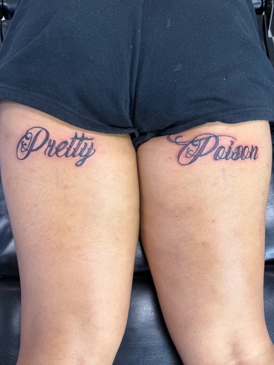 Lettering + Script words tattoo on Thigh by Lex on TattMe