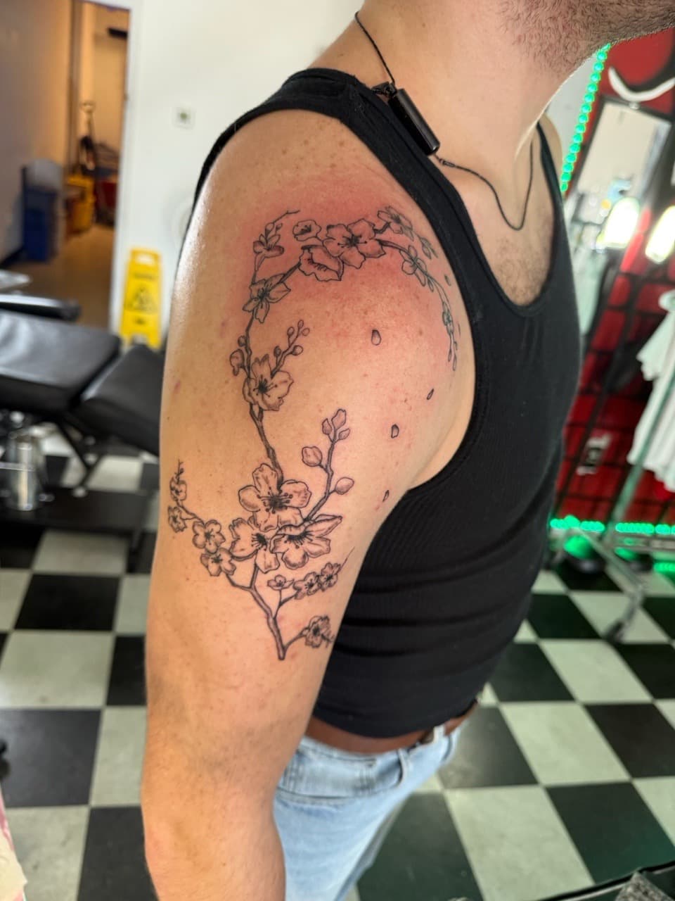 Floral + Fine Line flowers tattoo on Upper Arm by Lex on TattMe