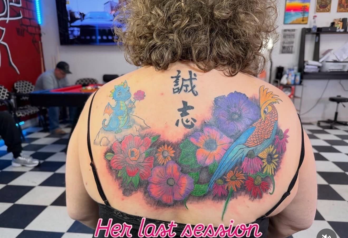 Color + Illustrative dragon tattoo on Upper Back by Lex on TattMe