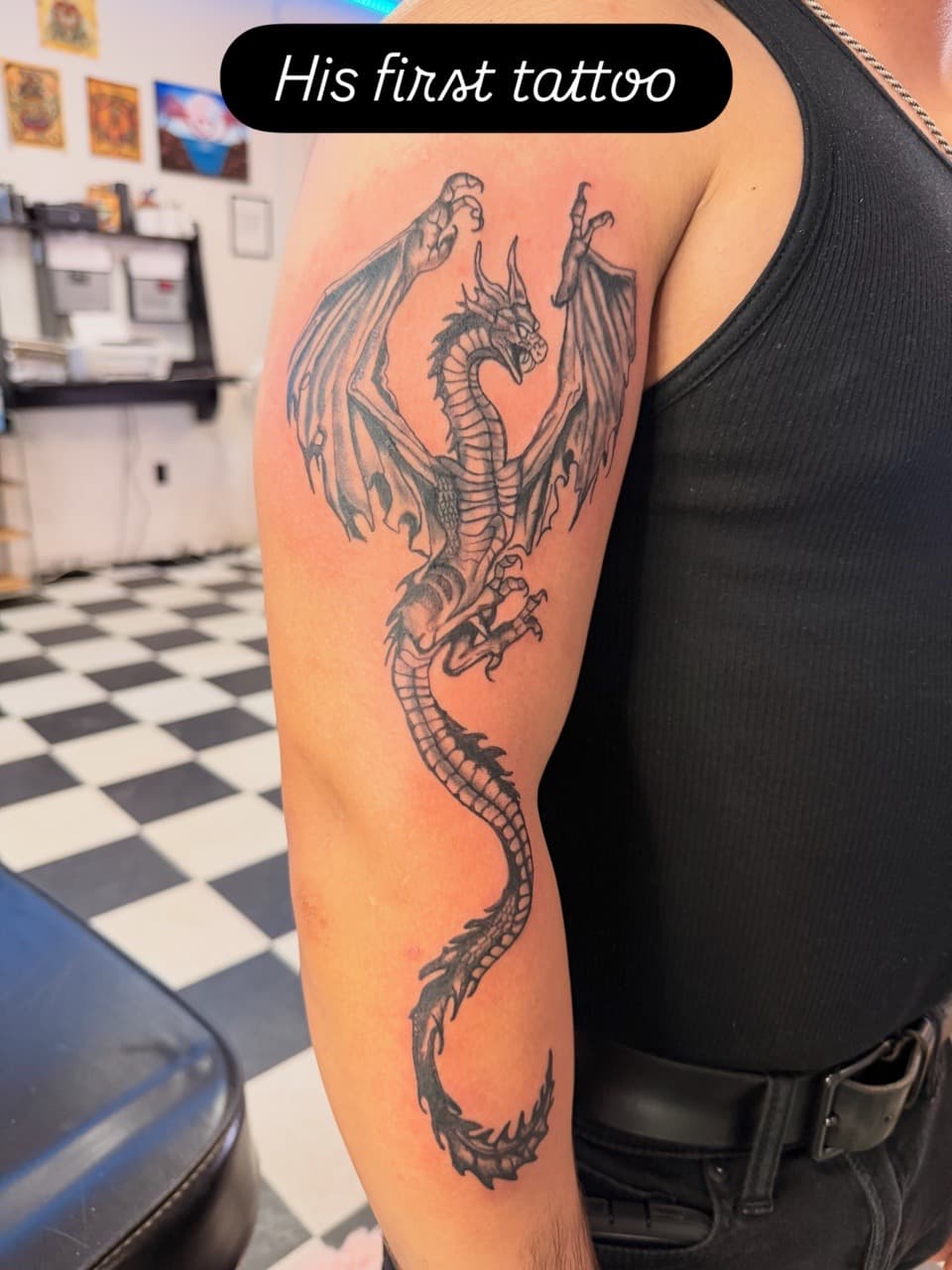Black & Grey + Illustrative dragon tattoo on Upper Arm by Lex on TattMe