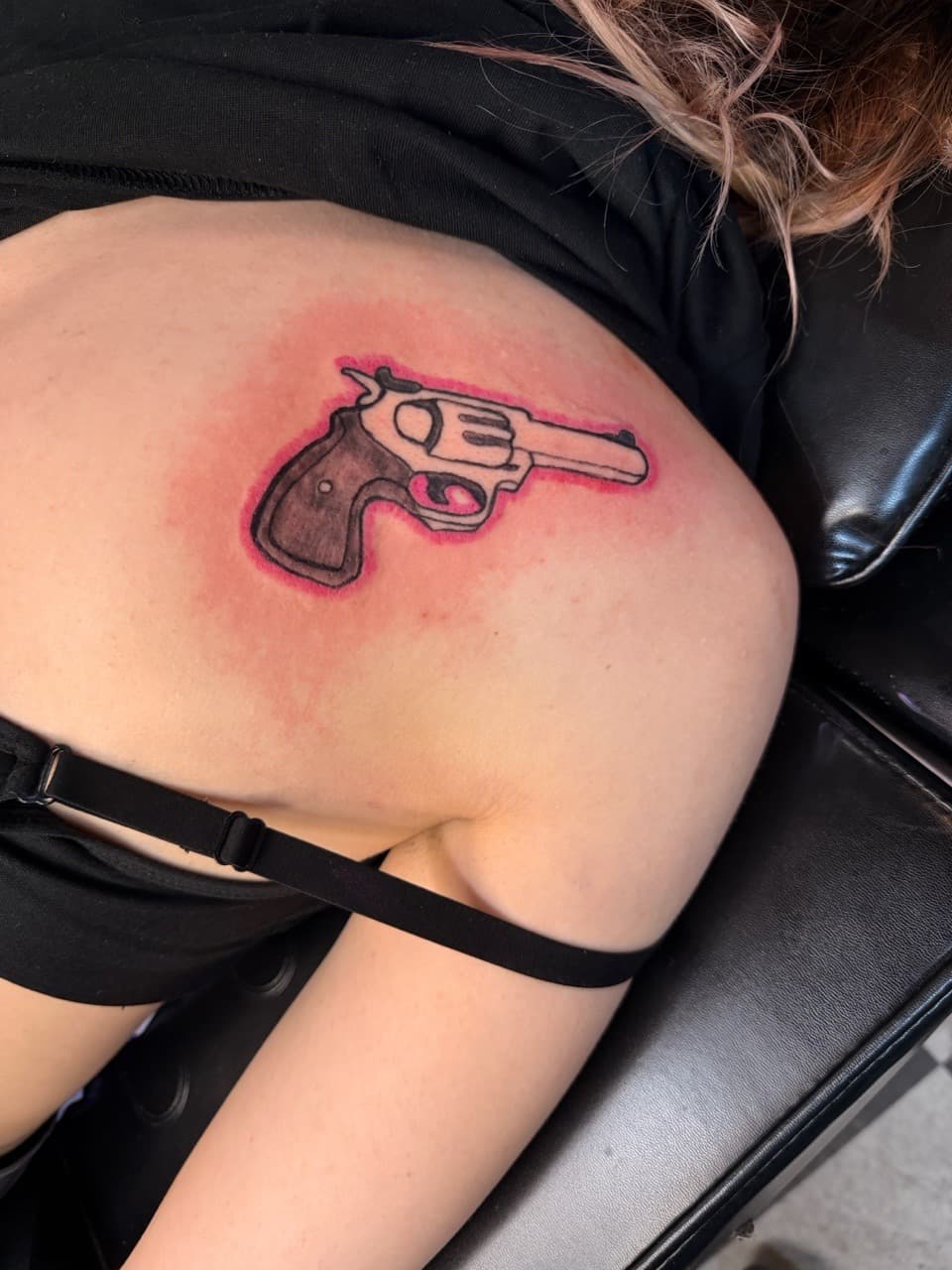 Black & Grey + Line-work gun tattoo on Shoulder Blade by Lex on TattMe
