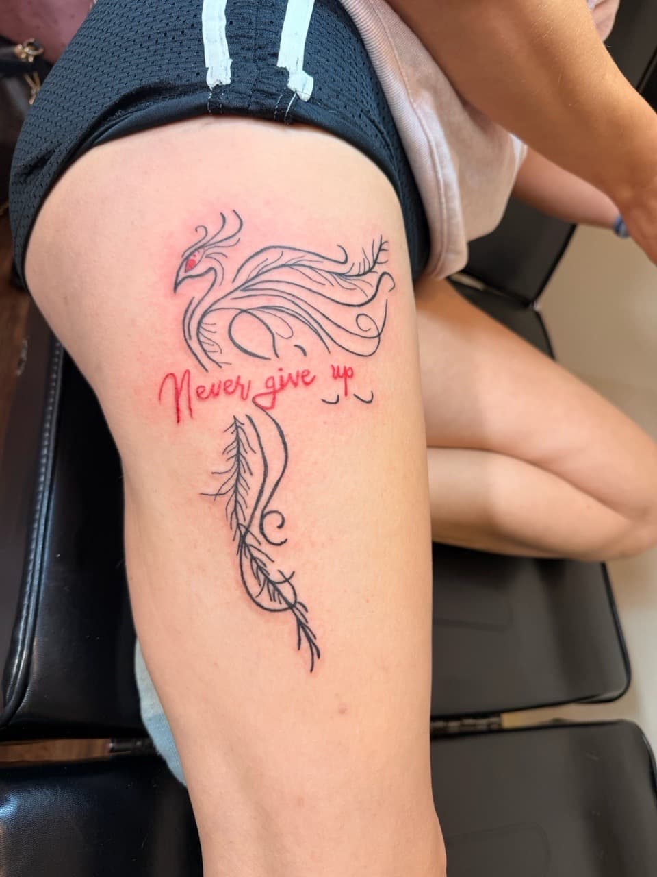 Fine Line + Black-work phoenix tattoo on Thigh by Lex on TattMe