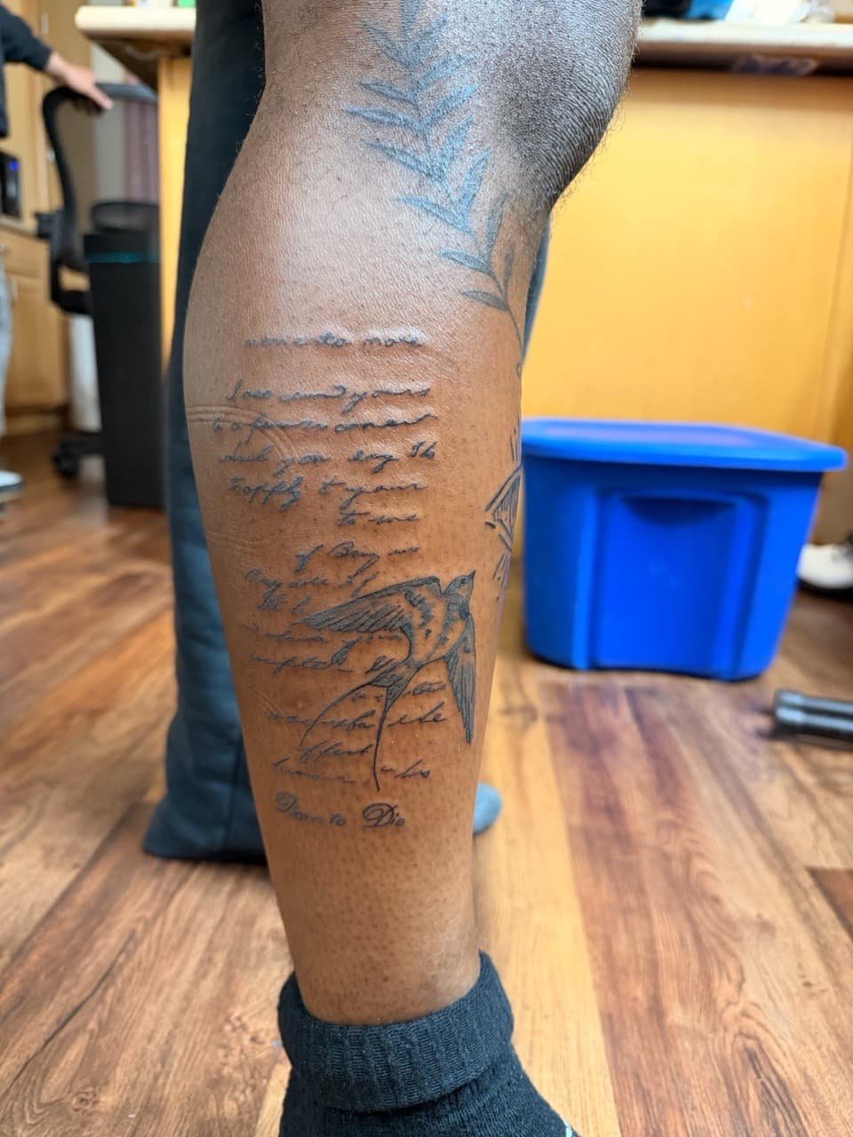 Black & Grey + Lettering bird tattoo on Calf by Lex on TattMe