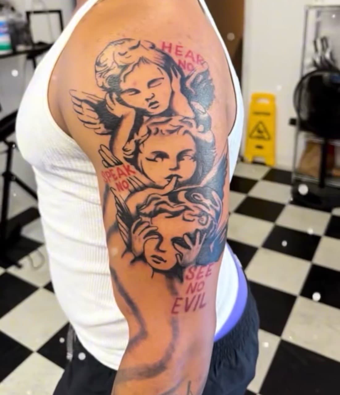 Black & Grey + Lettering cherubs tattoo on Upper Arm by Lex on TattMe