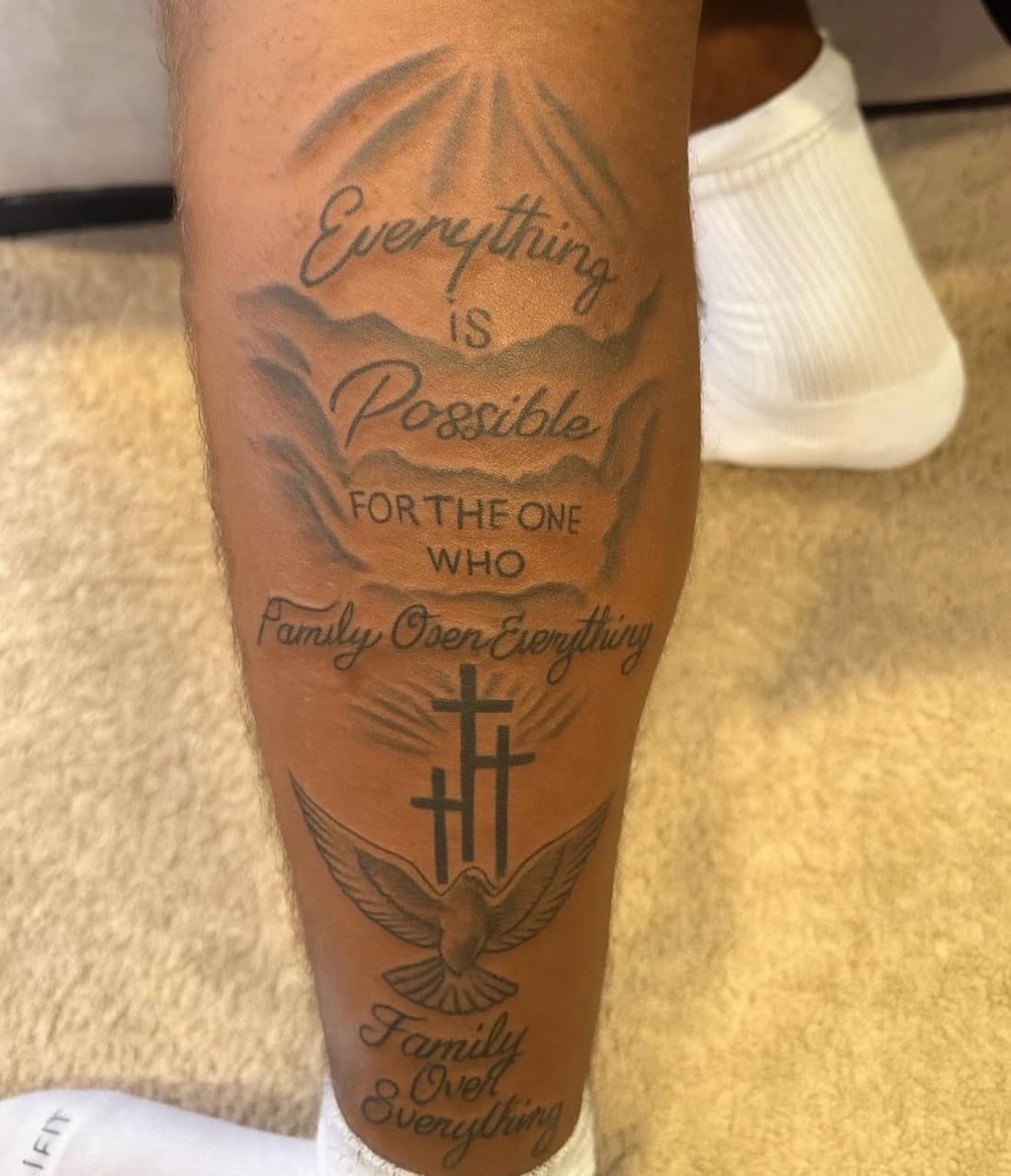 Lettering + Script clouds tattoo on Calf by Lex on TattMe