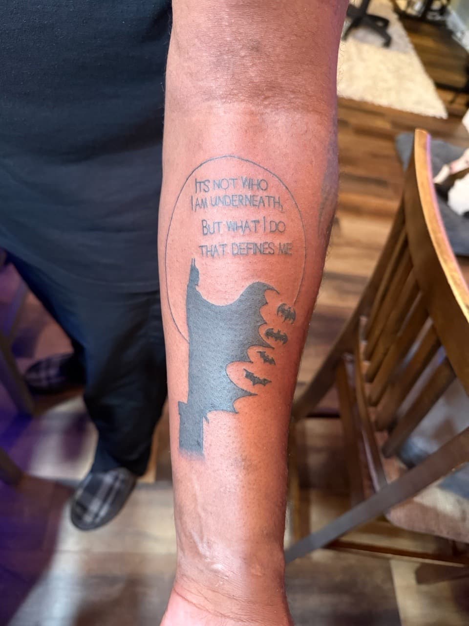 Black & Grey + Lettering batman tattoo on Forearm by Lex on TattMe