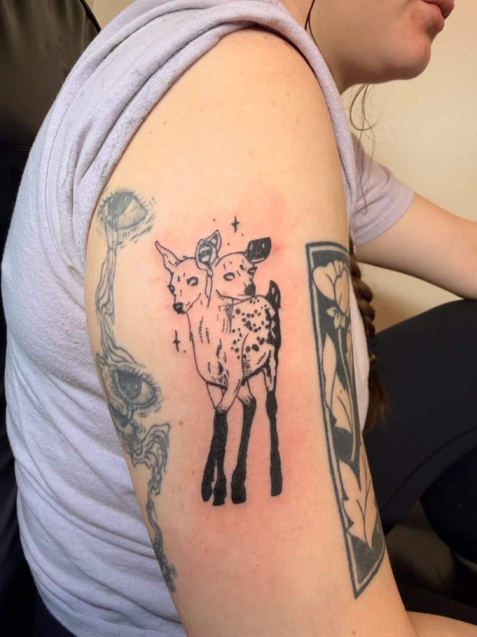 Fine Line + Black-work deer tattoo on Upper Arm by Lex on TattMe