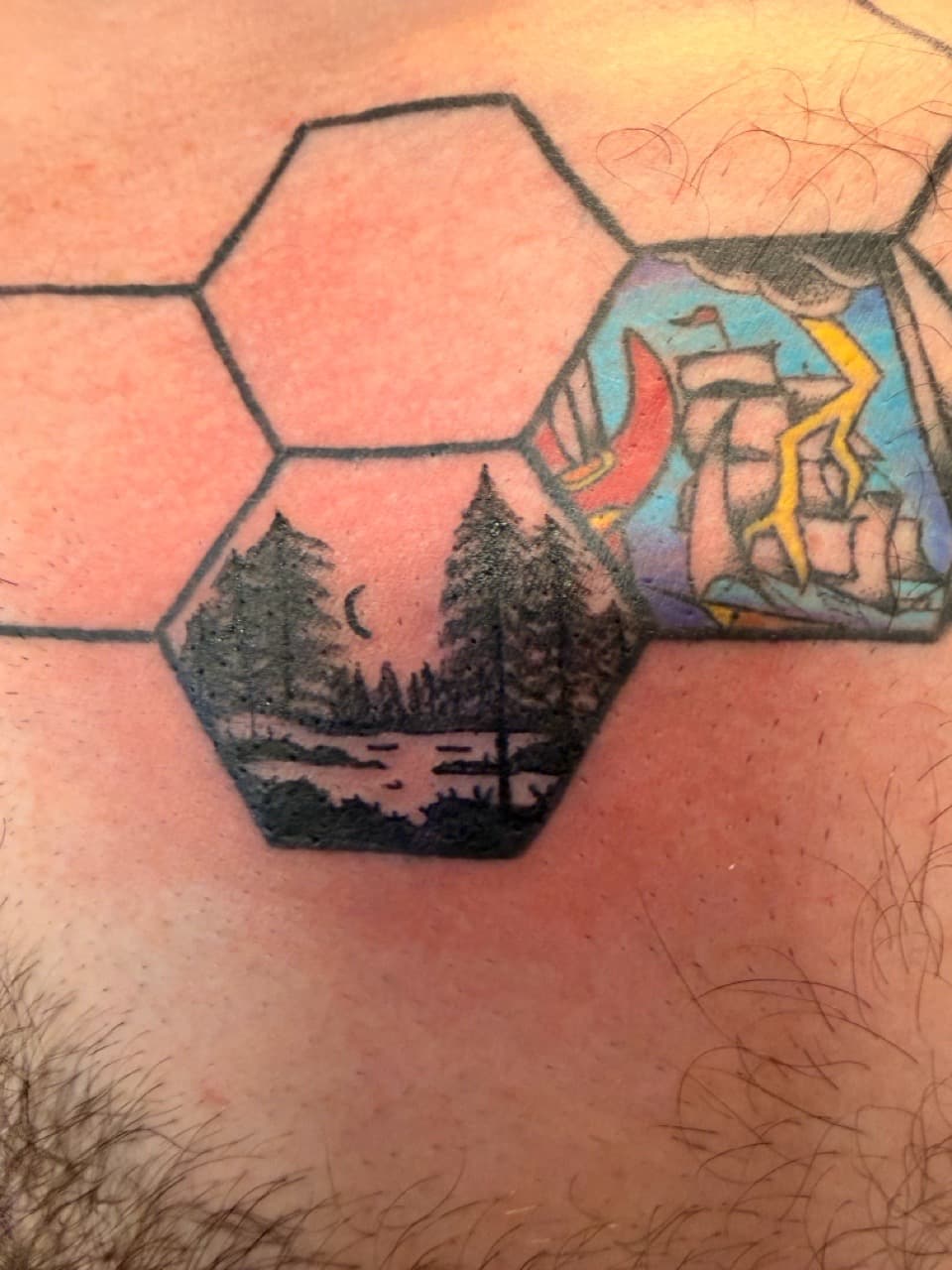Black-work + American Traditional forest tattoo on Chest by Lex on TattMe