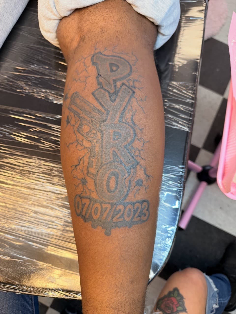 Lettering + Script pyro tattoo on Calf by Lex on TattMe