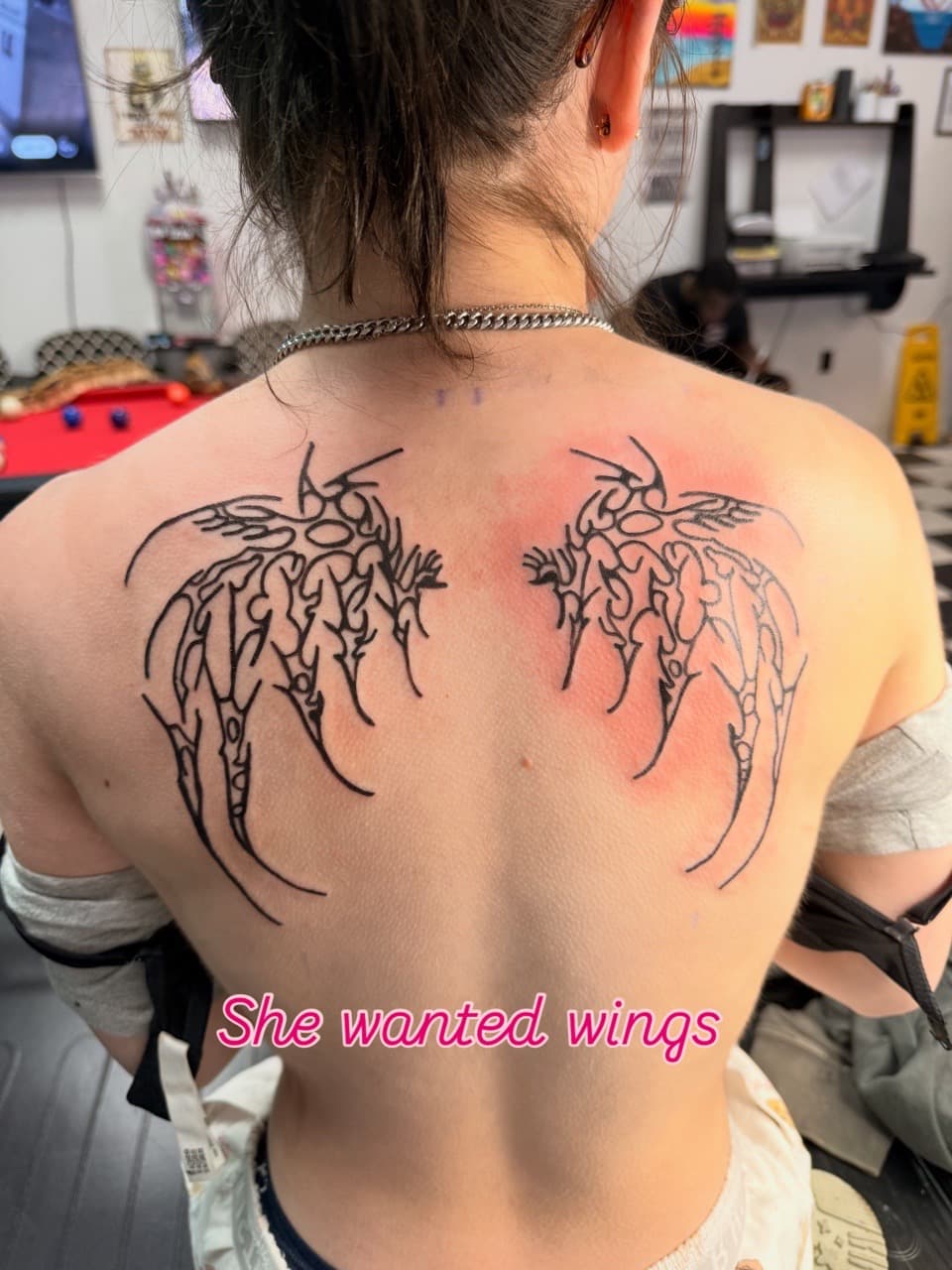 Black-work + Abstract wings tattoo on Upper Back by Lex on TattMe