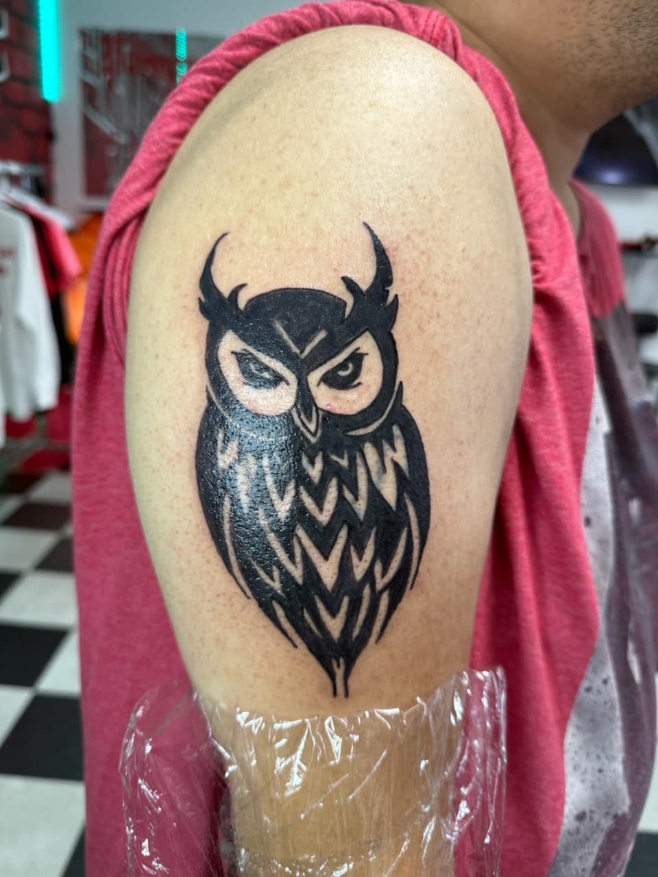 Black-work + Illustrative owl tattoo on Upper Arm by Lex on TattMe