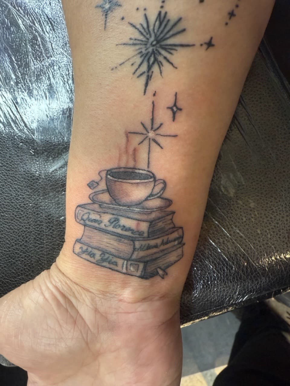 Fine Line + Black & Grey books tattoo on Wrist by Lex on TattMe