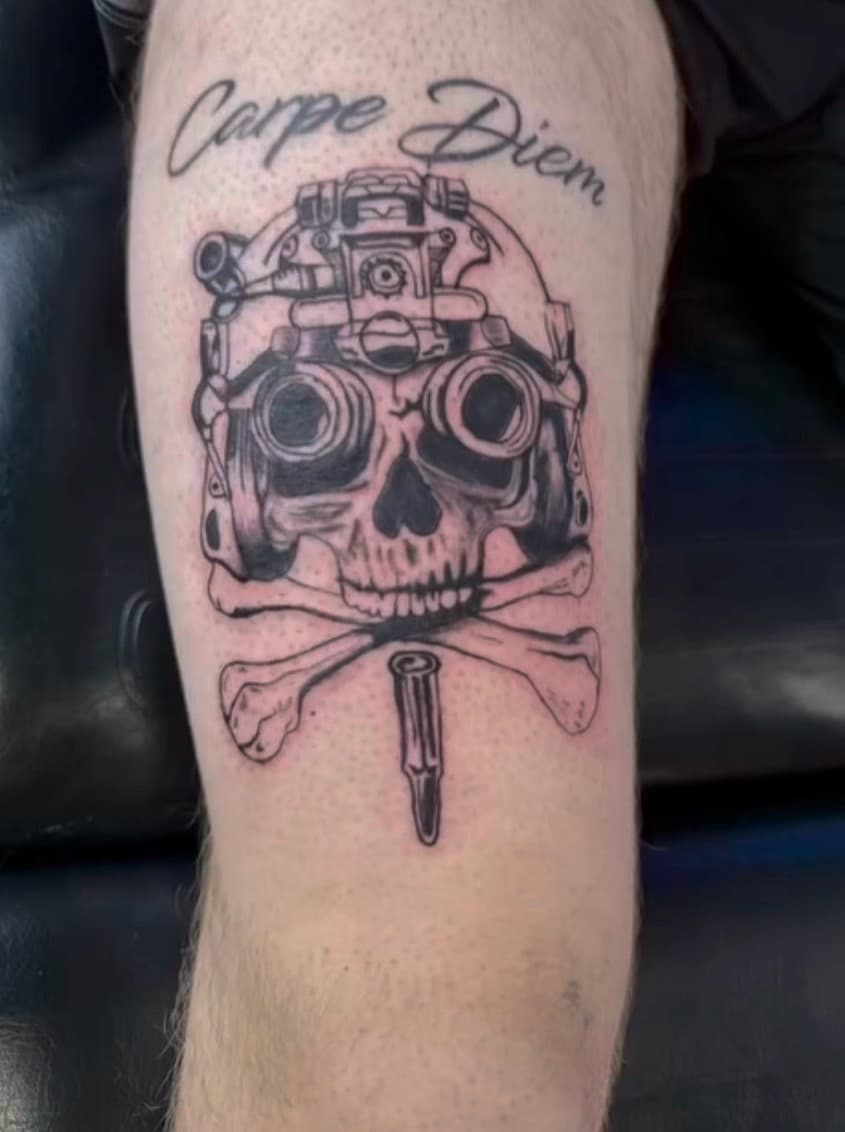 Black & Grey + Illustrative skull tattoo on Thigh by Lex on TattMe