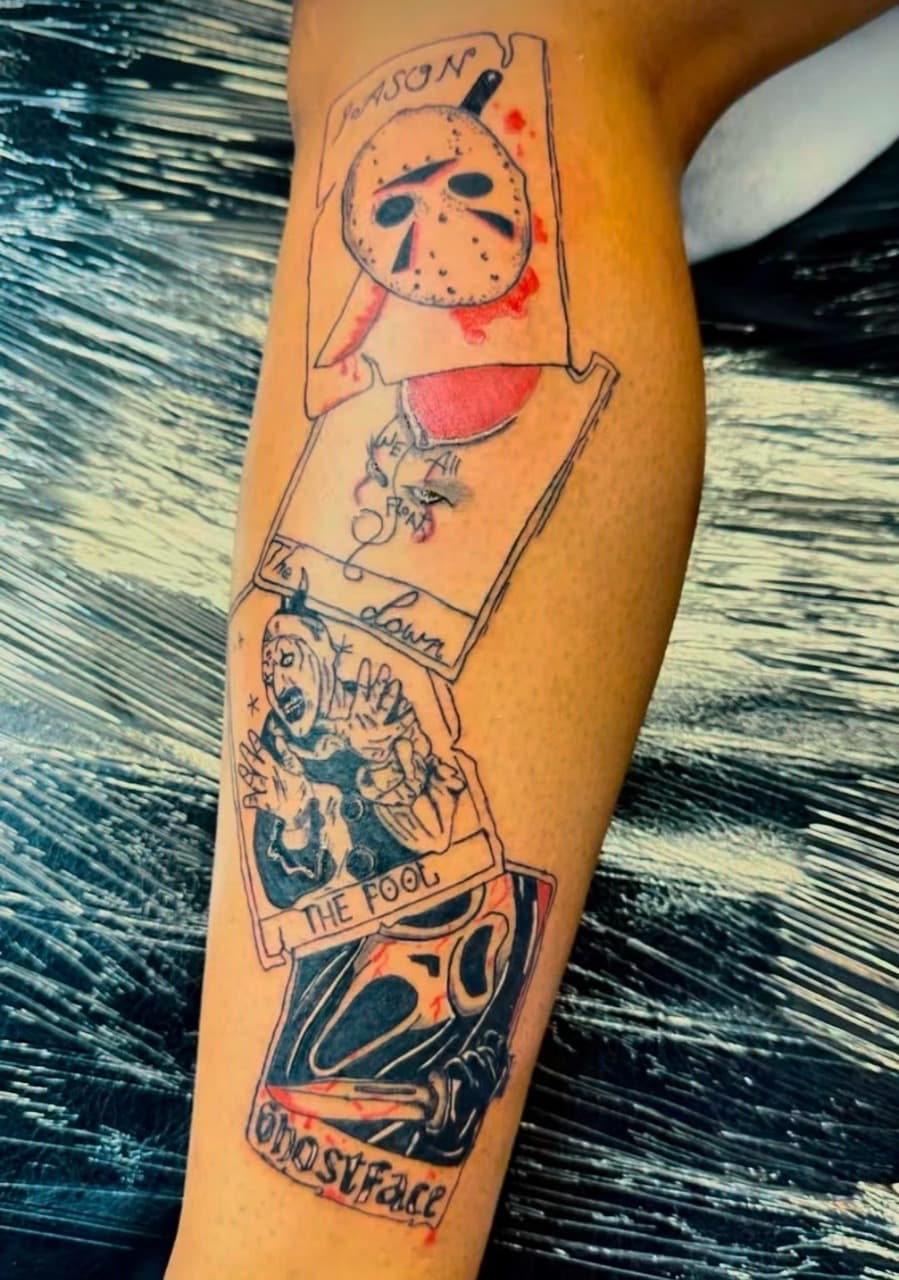 Illustrative + Black-work horror characters tattoo on Calf by Lex on TattMe