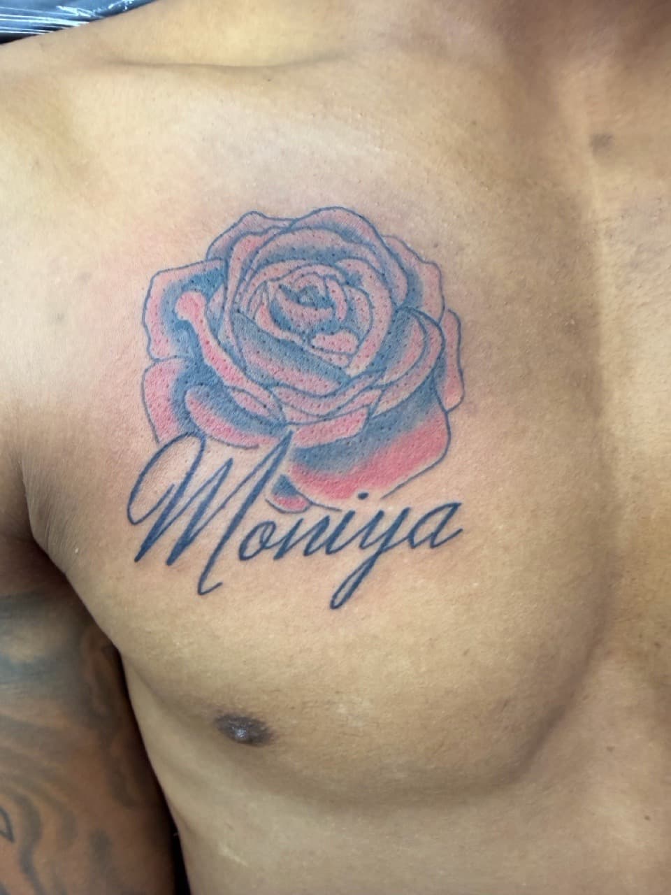 Lettering + Script rose tattoo on Chest by Lex on TattMe