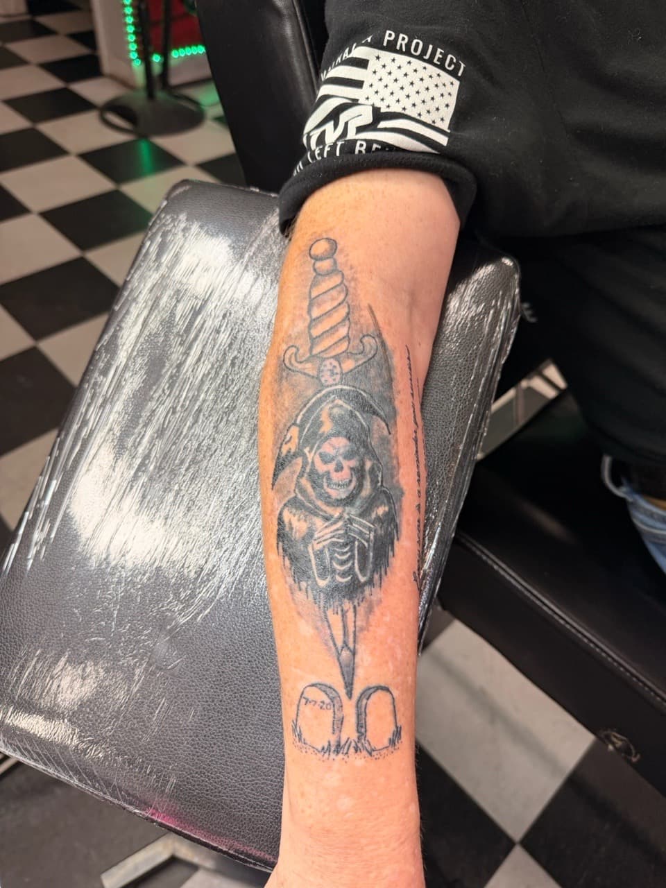 Black & Grey + Illustrative grim reaper tattoo on Forearm by Lex on TattMe