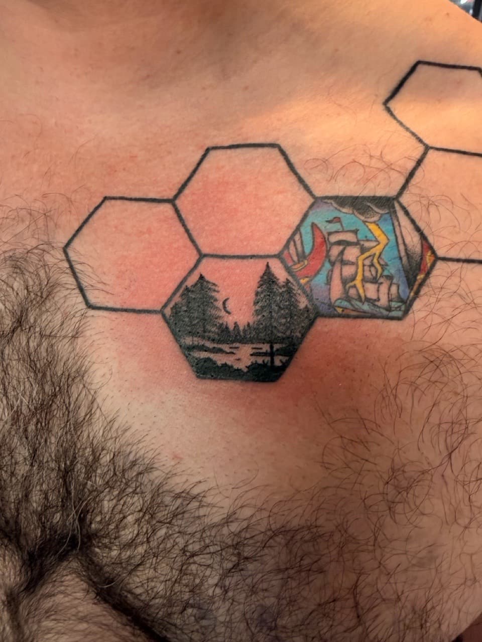 Geometric + Illustrative hexagons tattoo on Chest by Lex on TattMe