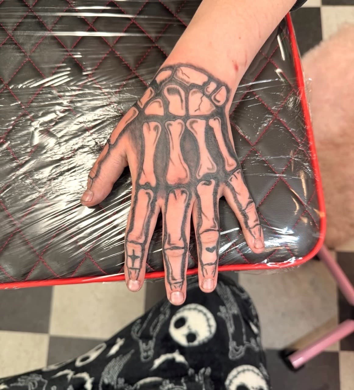 Black & Grey + Illustrative skeleton tattoo on Hand by Lex on TattMe