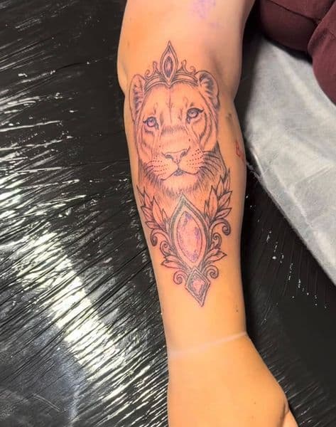 Illustrative + Line-work lioness tattoo on Forearm by KhalilGibranInk on TattMe