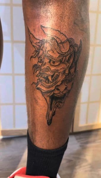 Japanese + Black-work hannya mask tattoo on Calf by KhalilGibranInk on TattMe