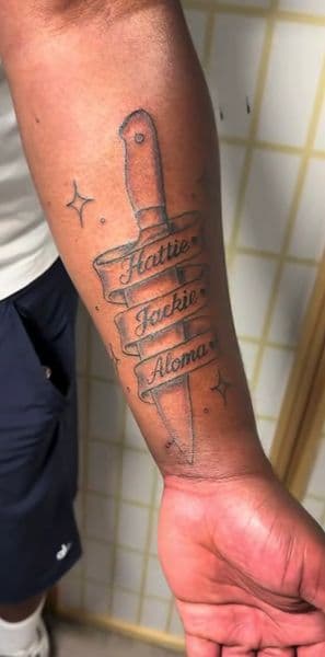 Black & Grey + Script dagger tattoo on Forearm by KhalilGibranInk on TattMe