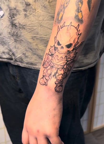 Cartoon + New School skeleton tattoo on Forearm by KhalilGibranInk on TattMe