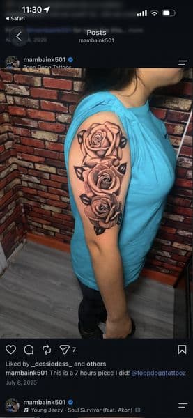 Black & Grey + Realism roses tattoo on Upper Arm by Mambaink501 on TattMe