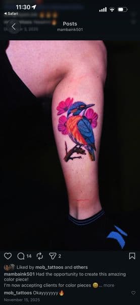 Color + Illustrative kingfisher tattoo on Calf by Mambaink501 on TattMe