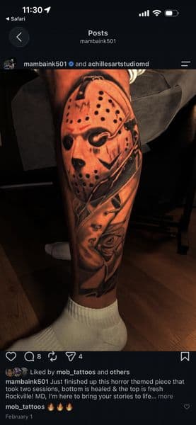 Black & Grey + Realism jason mask tattoo on Calf by Mambaink501 on TattMe