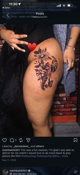 Black & Grey + Illustrative elephant tattoo on Thigh by Mambaink501 on TattMe