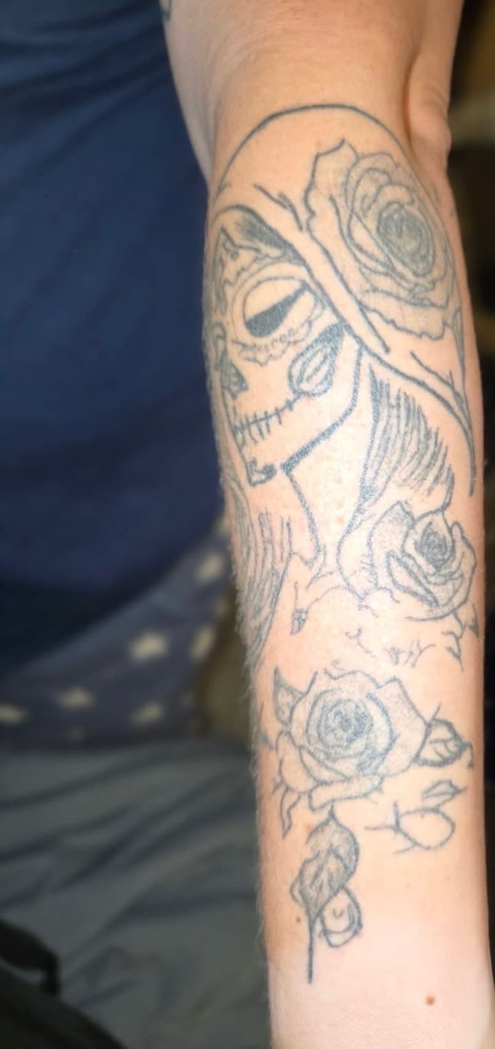 Line-work + Black-work skull tattoo on Forearm by Antonios_Tattoos on TattMe