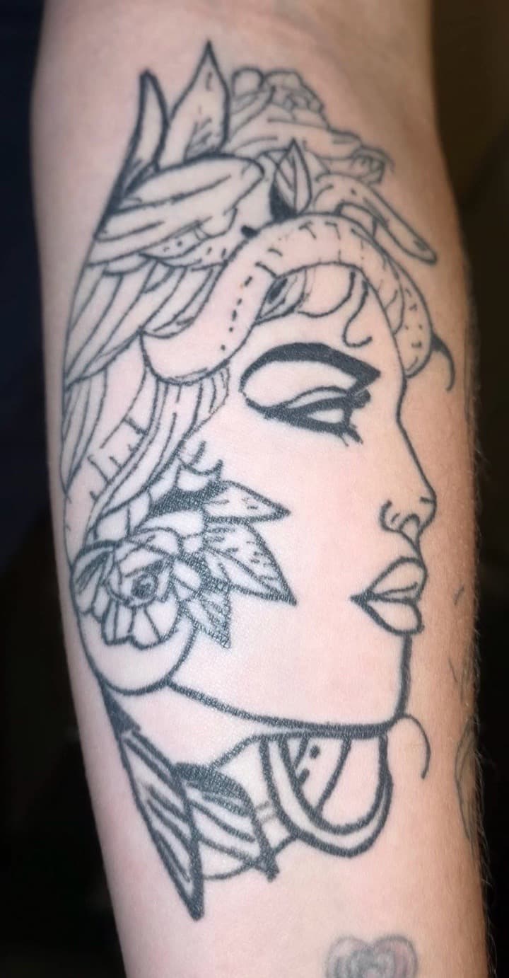 Line-work + Illustrative woman tattoo on Forearm by Antonios_Tattoos on TattMe