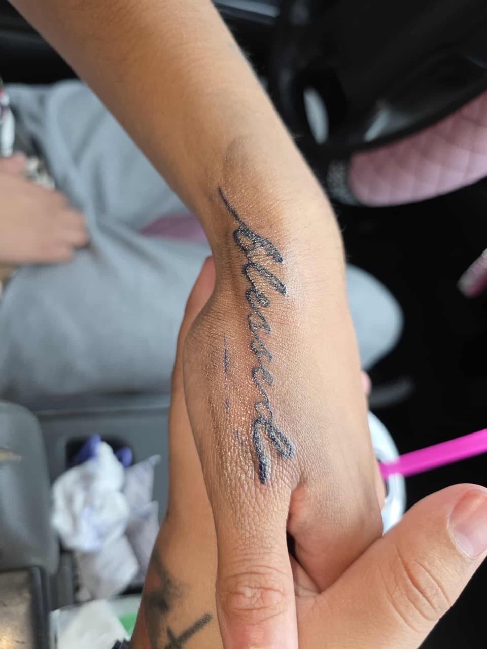 Script + Lettering blessed tattoo on Hand by Antonios_Tattoos on TattMe