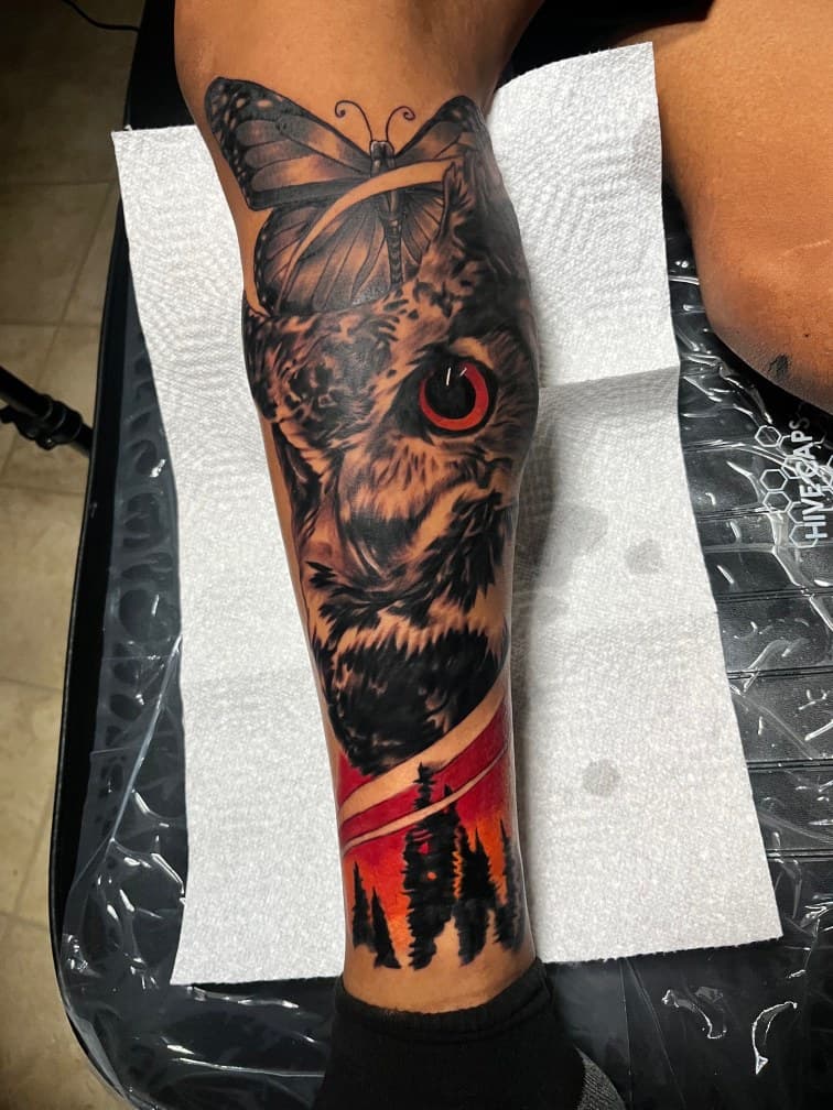 Realism + Color owl tattoo on Shin by Trevion on TattMe