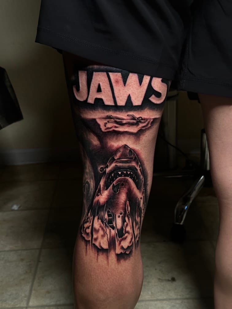 Black & Grey + Illustrative shark tattoo on Thigh by Trevion on TattMe