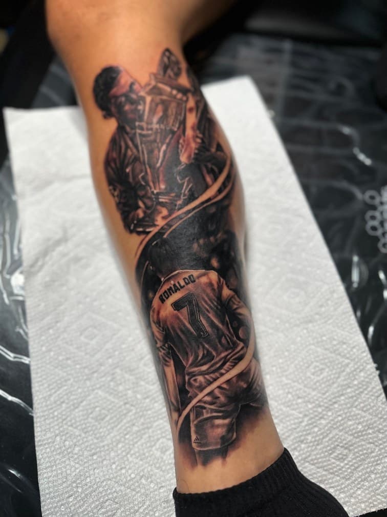 Realism + Black & Grey ronaldo tattoo on Calf by Trevion on TattMe