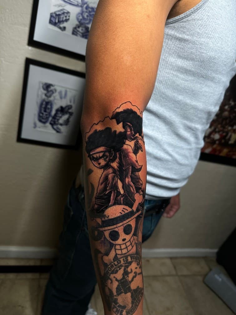 Anime + Black & Grey characters tattoo on Half Sleeve by Trevion on TattMe