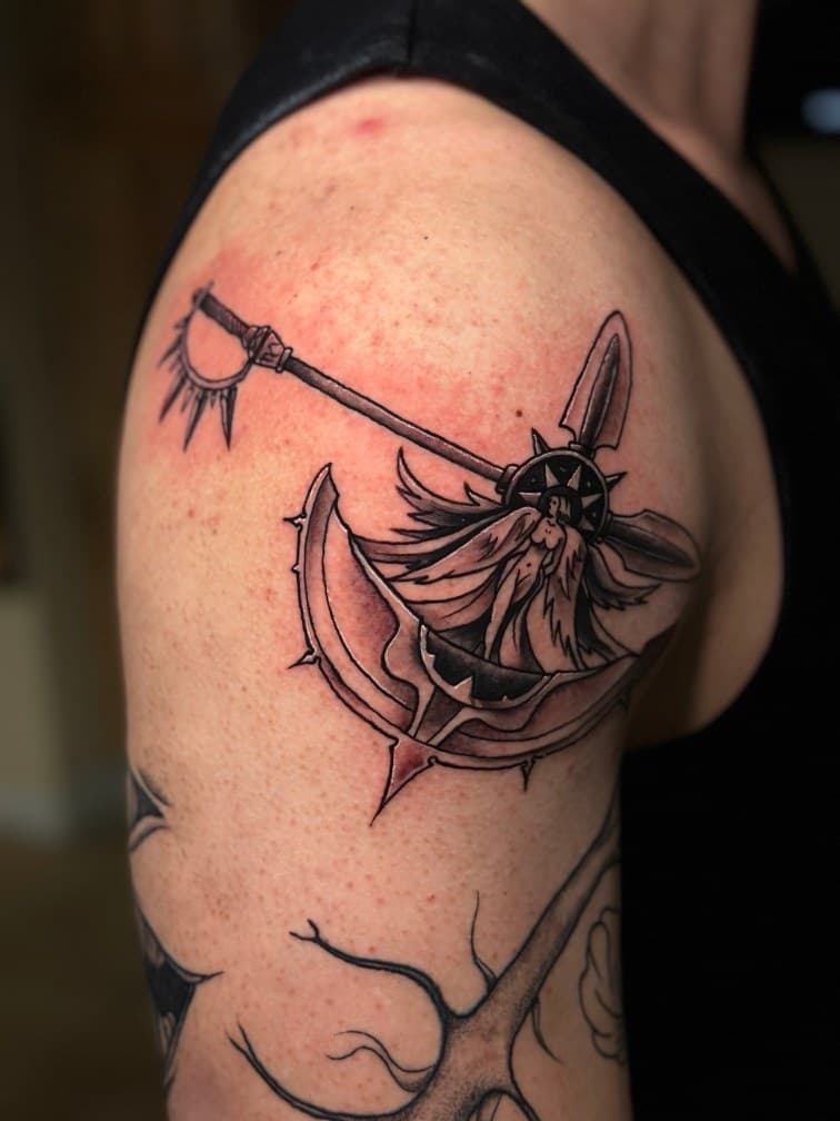 Black & Grey + Illustrative angel tattoo on Upper Arm by Trevion on TattMe