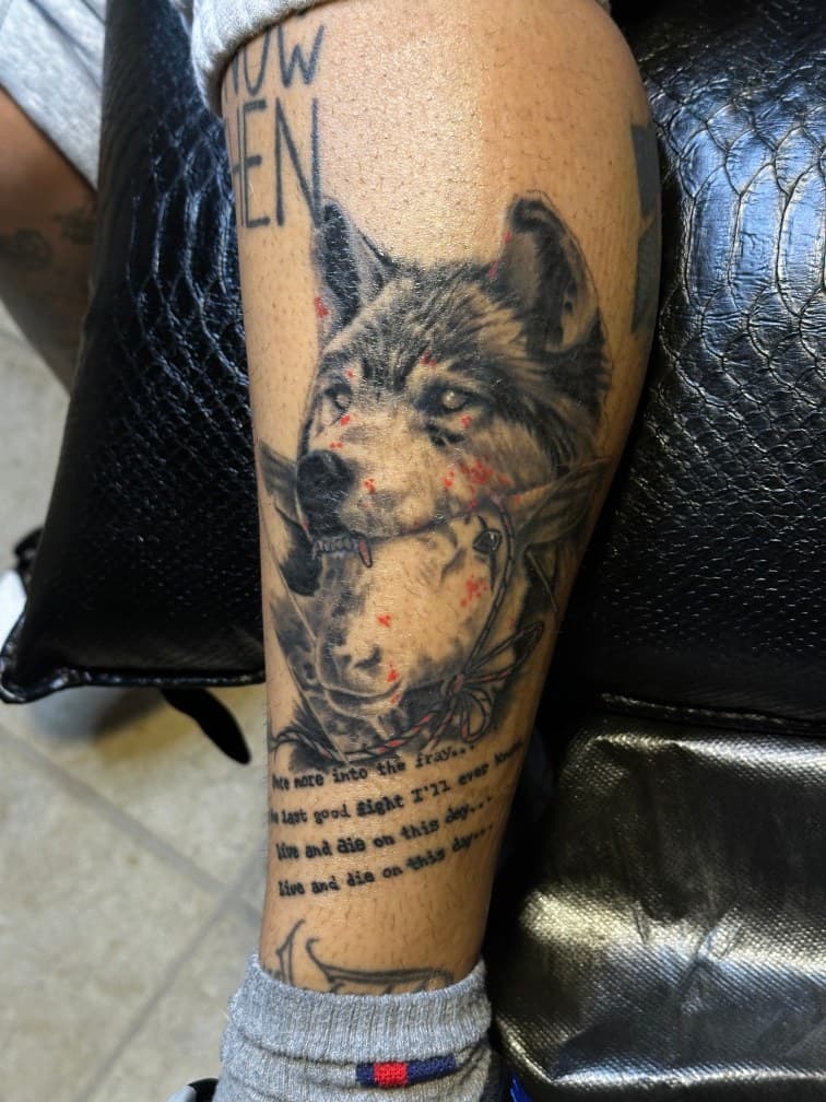 Black & Grey + Realism wolf tattoo on Calf by Trevion on TattMe